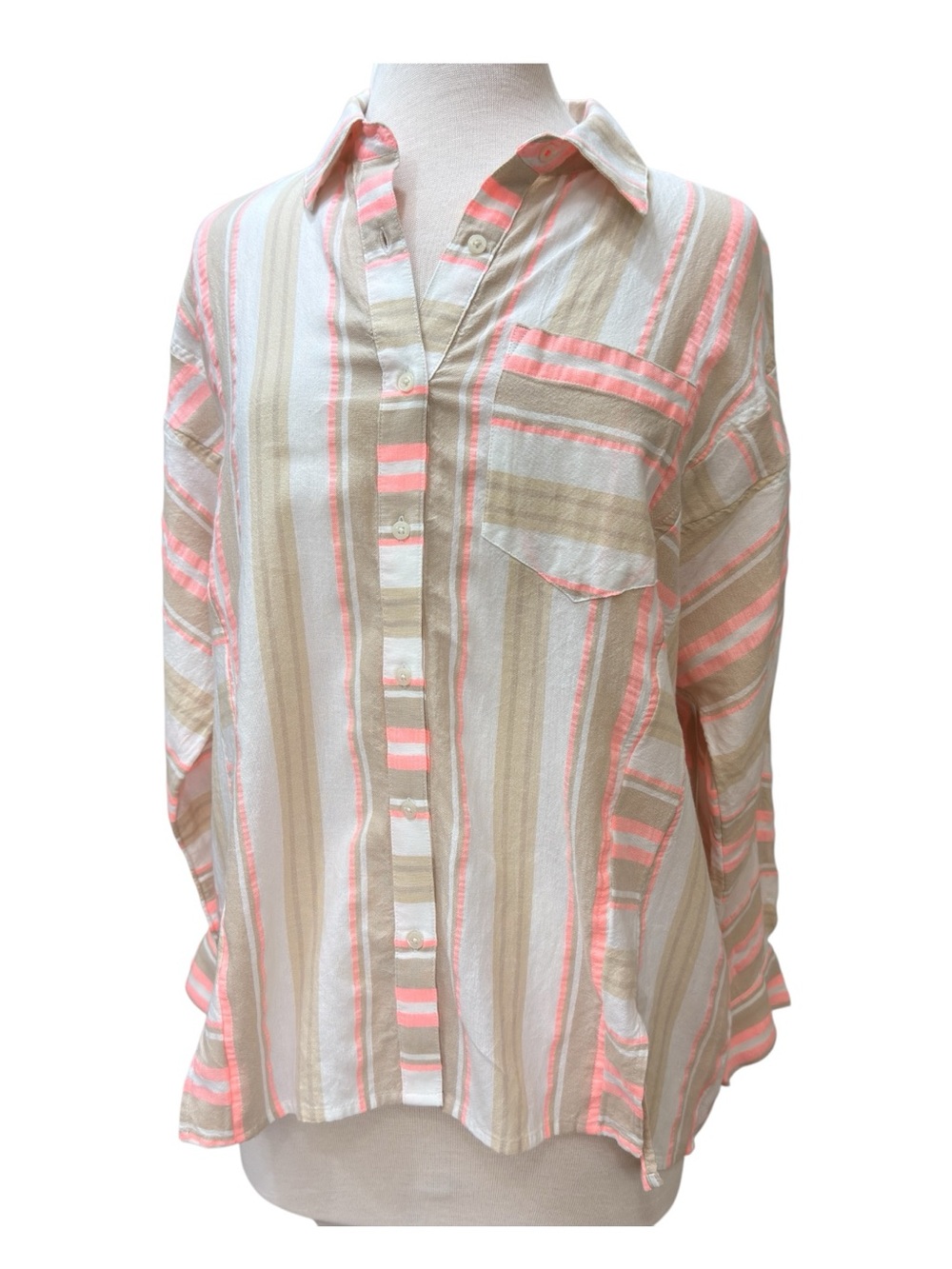 Vineyard Vines Size 10 Striped Bell Sleeve Button Down Shirt Coral Pink